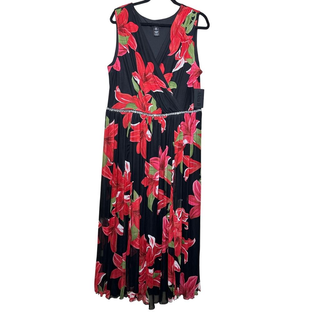 Alexa B Floral Faux Wrap Mesh Dress Fairy Whimsical Red Black Size 20 W NWT